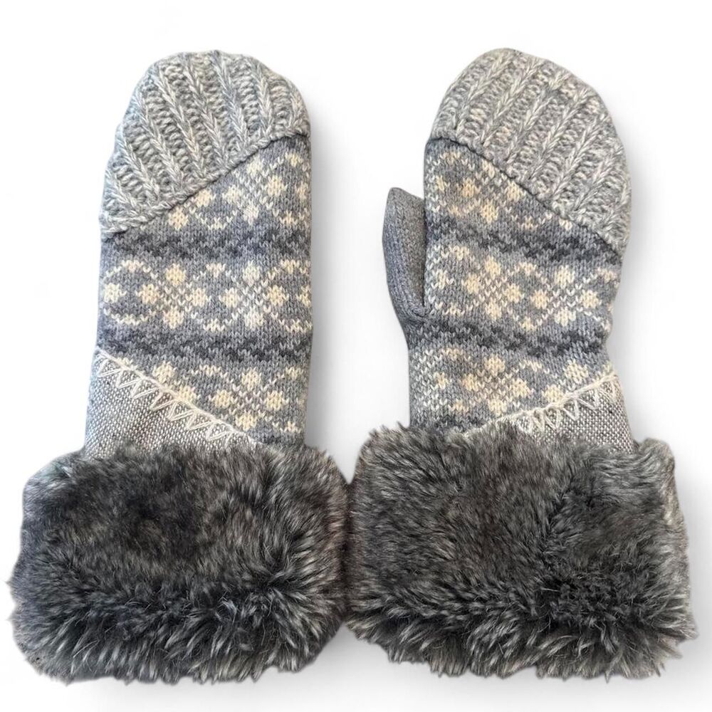 Women's Gray Knit Mittens Faux Fur Cuff Winter Gloves One Size